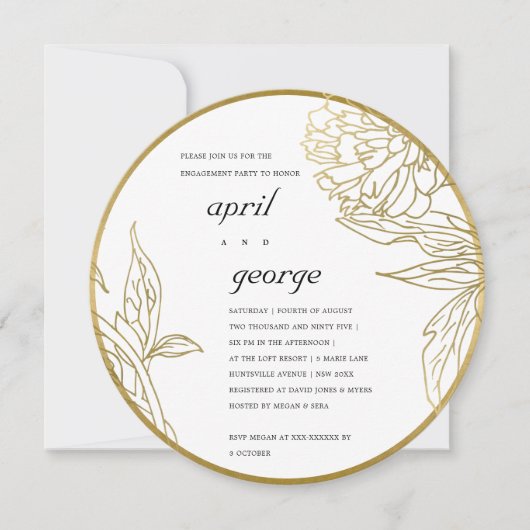 高級エレガント金箔フローラ婚約招待状 サンキューカード (正面)