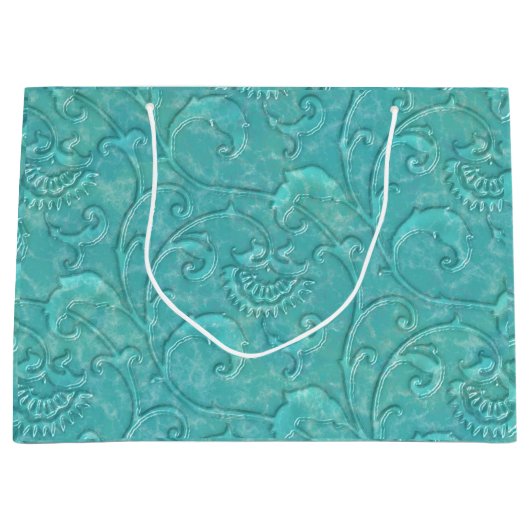 高級エンボスティール（緑がかった色）フローラつる植物抱き枕 ラージペーパーバッグ (正面)