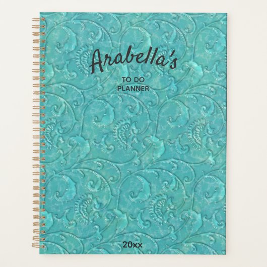 高級エンボスティール(緑がかった色)フローラパーソナライズされたつる植物 プランナー手帳 (正面)