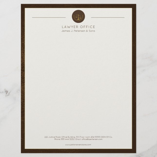 高級オフィスの茶色の革のルックと金ゴールド弁護士 レターヘッド (正面)