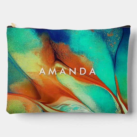 高級オレンジアクアフェイク金ゴールドグリッター大理石芸術 アクセサリーポーチ (正面)