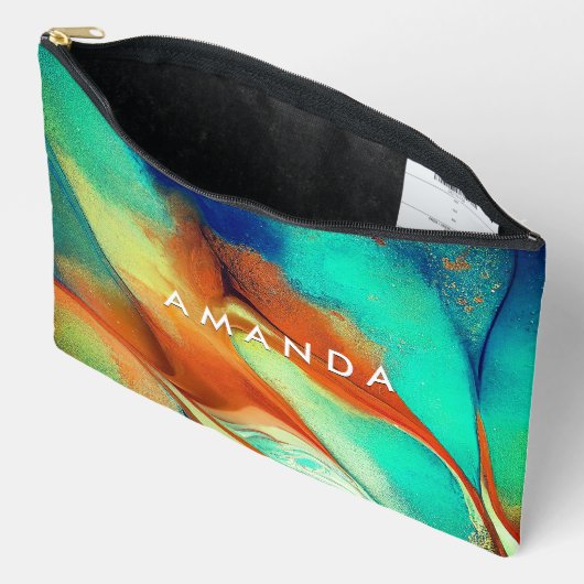 高級オレンジアクアフェイク金ゴールドグリッター大理石芸術 アクセサリーポーチ (見開き)