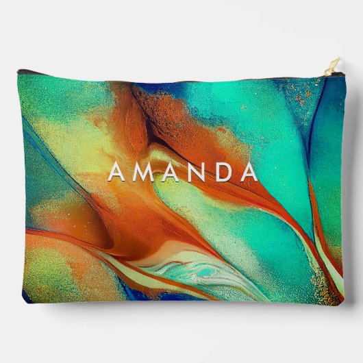 高級オレンジアクアフェイク金ゴールドグリッター大理石芸術 アクセサリーポーチ (裏面)