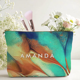 高級オレンジアクアフェイク金ゴールドグリッター大理石芸術 アクセサリーポーチ