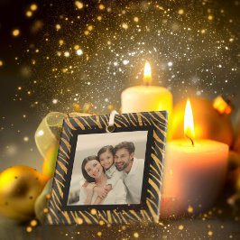 高級カスタムフォトブラック&金ゴールドゼブラクリスマス ガラスオーナメント