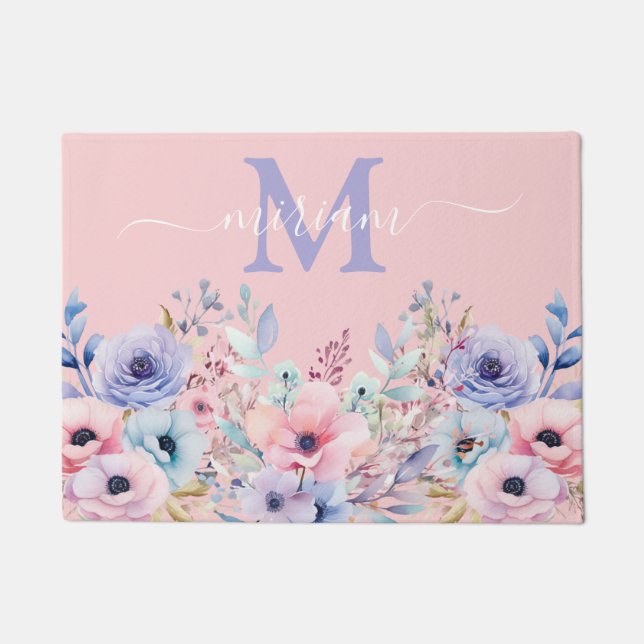 高級キッチンフロアマット：ピンクとブルーの花 ドアマット (正面)