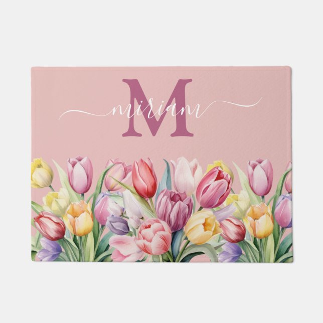 高級キッチンフロアマット：ピンクと紫のチューリップ ドアマット (正面)