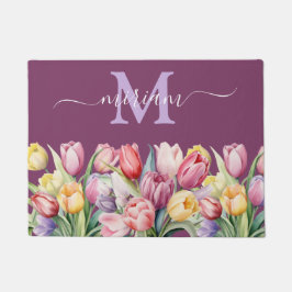 高級キッチンフロアマット：ピンクと紫のチューリップ ドアマット