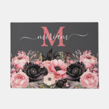 高級キッチンフロアマット：ピンクと黒の花