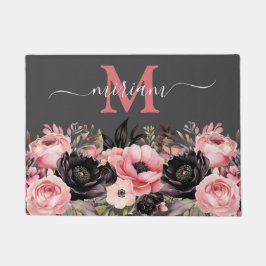 高級キッチンフロアマット：ピンクと黒の花 ドアマット