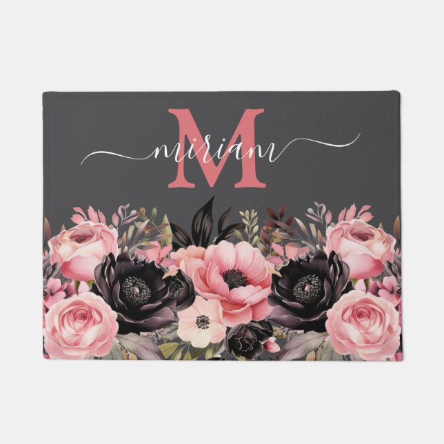 高級キッチンフロアマット：ピンクと黒の花 ドアマット (正面)