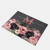 高級キッチンフロアマット：ピンクと黒の花 ドアマット (アングル)