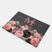 高級キッチンフロアマット：ピンクと黒の花 ドアマット (アングル)