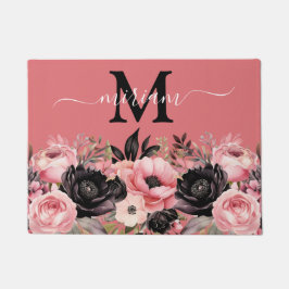 高級キッチンフロアマット：ピンクと黒の花 ドアマット