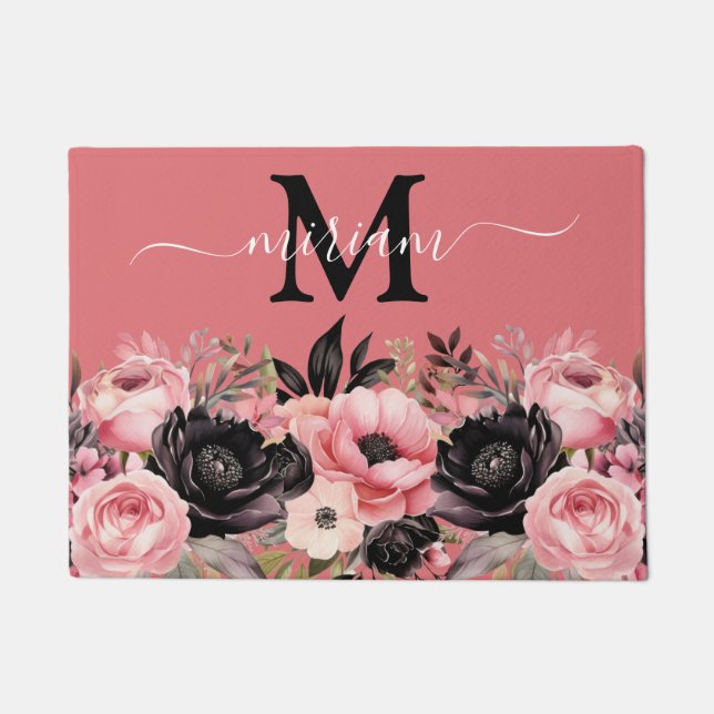 高級キッチンフロアマット：ピンクと黒の花 ドアマット (正面)