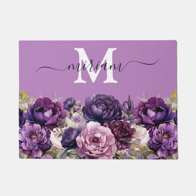 高級キッチンフロアマット：紫色の花ドアマット ドアマット (正面)