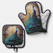 高級キッチン：ステンドグラス孔雀 鍋つかみ&鍋敷きセット (正面/裏面)