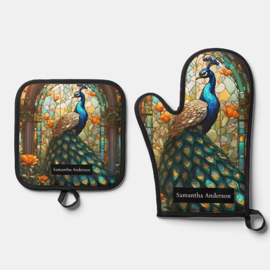 高級キッチン：ステンドグラス孔雀 鍋つかみ&鍋敷きセット (正面)