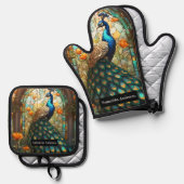 高級キッチン：ステンドグラス孔雀 鍋つかみ&鍋敷きセット (正面/裏面)