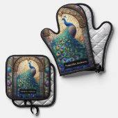 高級キッチン：ステンドグラス孔雀 鍋つかみ&鍋敷きセット (正面/裏面)