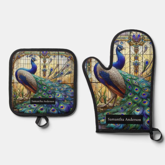 高級キッチン：ステンドグラス孔雀 鍋つかみ&鍋敷きセット (正面)