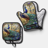 高級キッチン：ステンドグラス孔雀 鍋つかみ&鍋敷きセット (正面/裏面)
