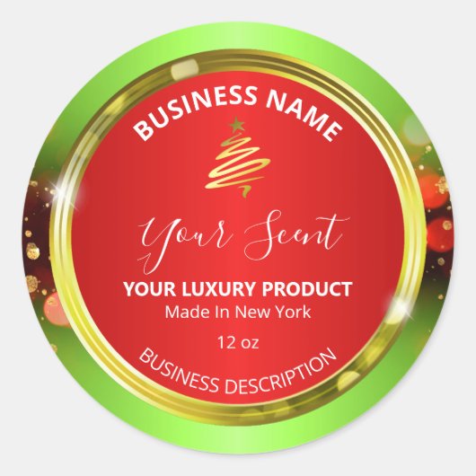高級クリスマスツリーグリーンレッド製品ラベル ラウンドシール (正面)