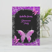 高級グリッターブラックピンクパープルバタフライエレガント 招待状 (スタンド正面)