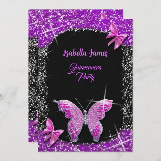 高級グリッターブラックピンクパープルバタフライエレガント 招待状 (正面/裏面)