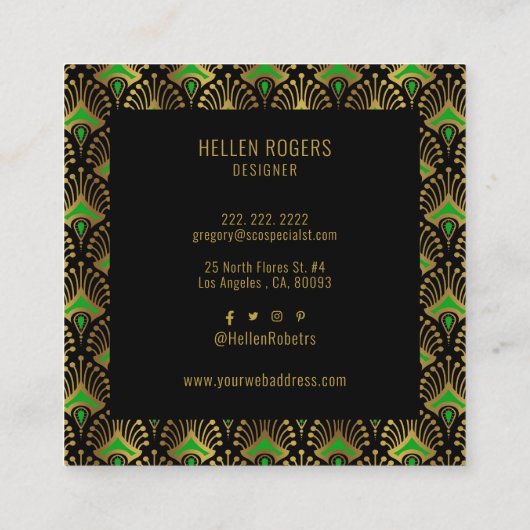 高級グリーンと金ゴールドアールデコパターン スクエア名刺 (裏面)
