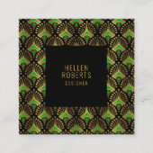 高級グリーンと金ゴールドアールデコパターン スクエア名刺 (正面)