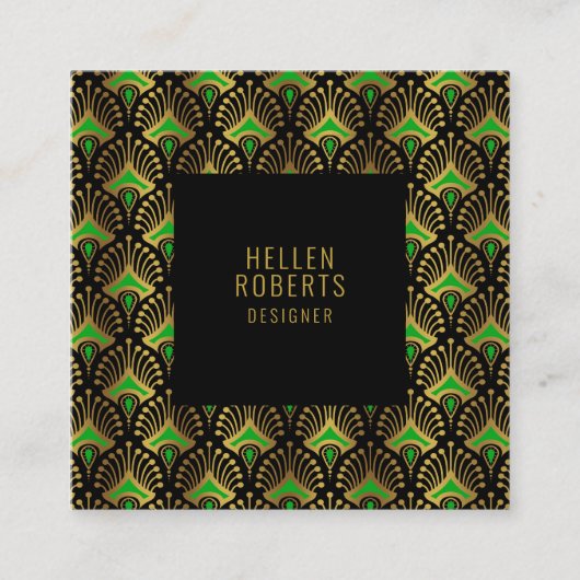 高級グリーンと金ゴールドアールデコパターン スクエア名刺 (正面)