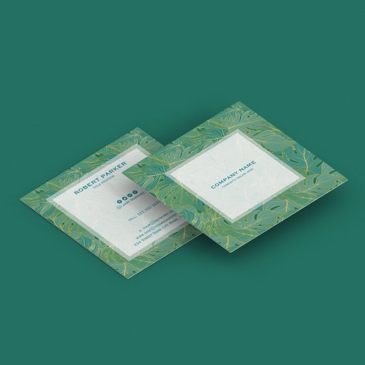 高級グリーンと金ゴールドパーム葉のパターン スクエア名刺