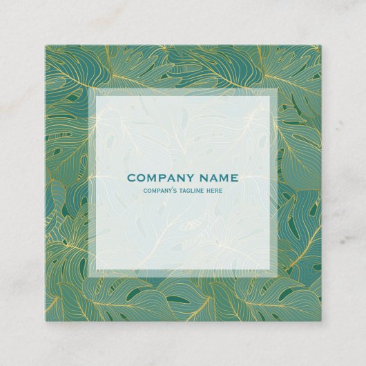 高級グリーンと金ゴールドパーム葉のパターン スクエア名刺 (正面)