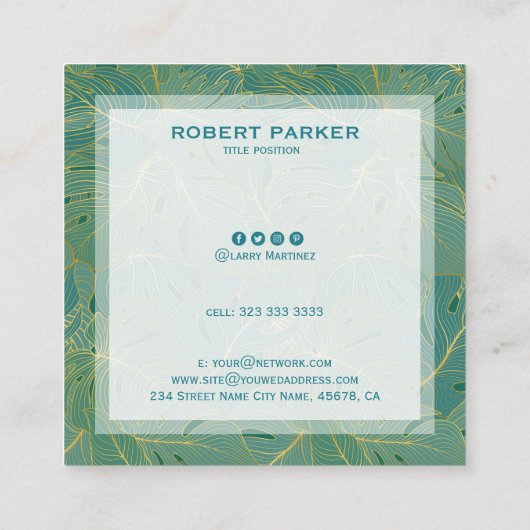 高級グリーンと金ゴールドパーム葉のパターン スクエア名刺 (裏面)