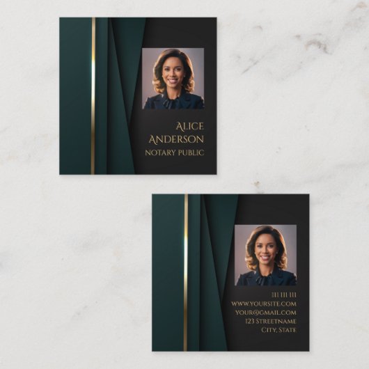 高級グリーン金ゴールドエレガント公証人広場の写真 スクエア名刺 (正面/裏面)