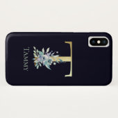 高級ゴールドモノグラムイニシャルT青い花柄ネーム Case-Mate iPhoneケース (裏面(横))