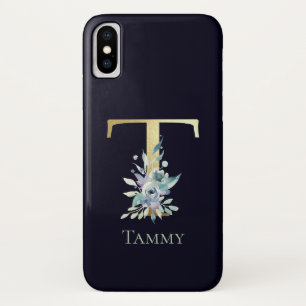 高級ゴールドモノグラムイニシャルT青い花柄ネーム iPhone X ケース