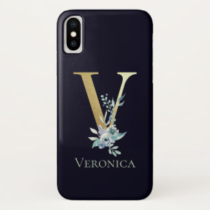 高級ゴールドモノグラムレターV花ブルー名前 iPhone X ケース
