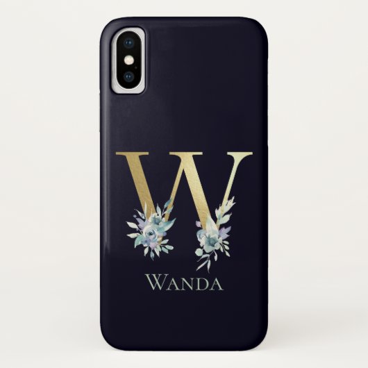 高級ゴールドモノグラムレターWフラワーブルー名前 Case-Mate iPhoneケース (裏面)