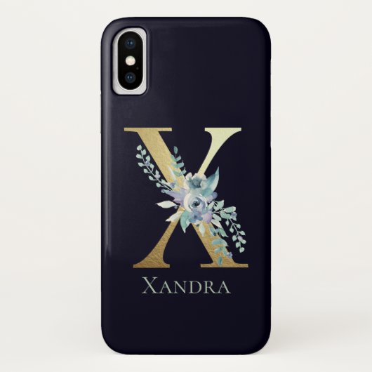 高級ゴールドモノグラムレターX フローラルブルー 名前 Case-Mate iPhoneケース (裏面)
