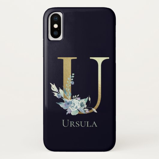 高級ゴールドモノグラム U 文字 フローラル ブルー 名前 Case-Mate iPhoneケース (裏面)