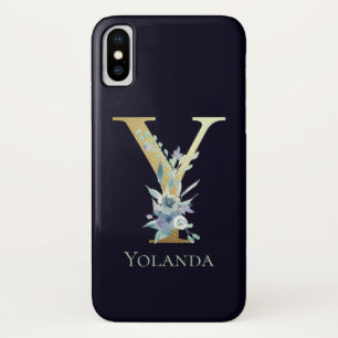 高級ゴールドモノグラム Y 文字 ブルーフローラル 名前 iPhone X ケース