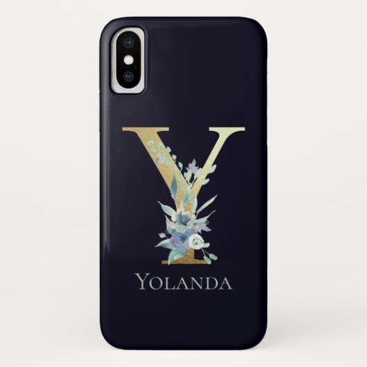 高級ゴールドモノグラム Y 文字 ブルーフローラル 名前 Case-Mate iPhoneケース (裏面)