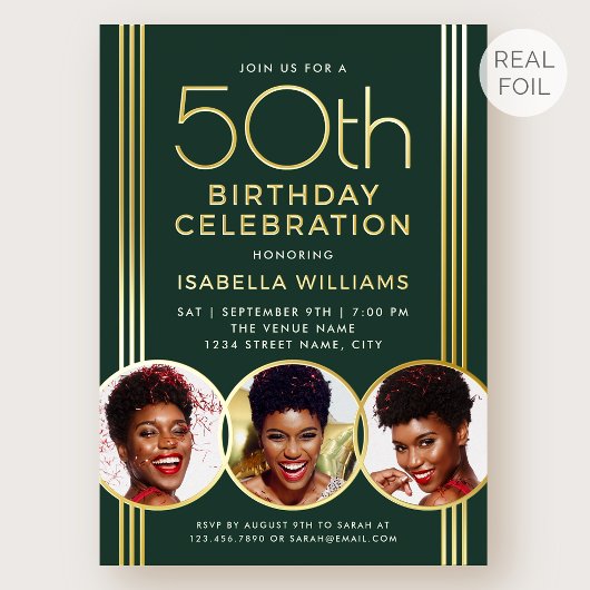 高級ゴールド箔50歳の誕生日 エレガントなグリーンフォト 箔招待状