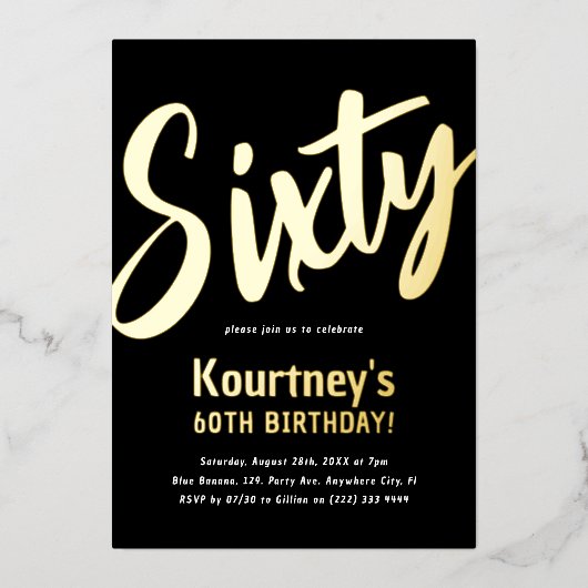 高級ゴールド 'Sixty' 成人節目 60歳の誕生日 箔招待状 (正面)