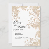 高級シックなホワイトゴールドのフローラルレース保存日付 招待状 (正面)