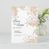 高級シックなホワイトゴールドのフローラルレース保存日付 招待状 (スタンド正面)