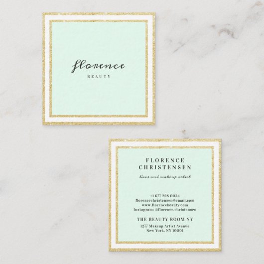高級シックな金ゴールドグリッターフレームミントグリーンとホワイト スクエア名刺 (正面/裏面)