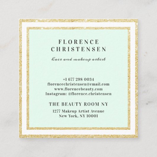 高級シックな金ゴールドグリッターフレームミントグリーンとホワイト スクエア名刺 (裏面)